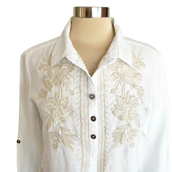 Kyla Seo White Linen Tunic Floral Embroidery 3/4 Button Oversized SMALL - Picture 2 of 9
